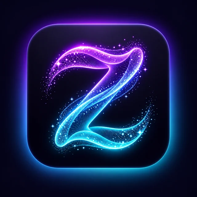The Zelzi icon: a Z drawn as a trail of cyan and violet light with sparks, on a midnight navy tile.